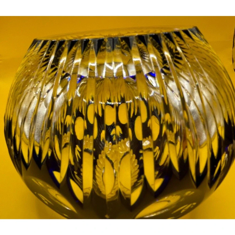 Exquisite Cobalt Blue Cut To Clear Round Crystal Votive Vase 4.5 inches